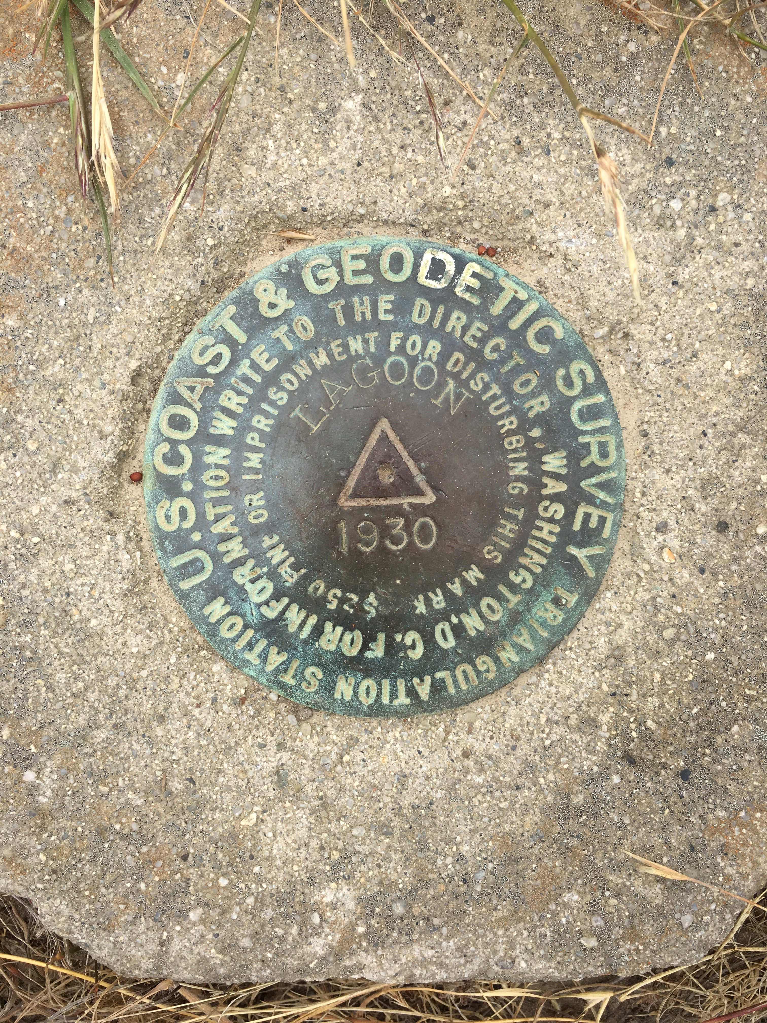 U.S. Coast and Geodetic Survey metal survey marker from 1930