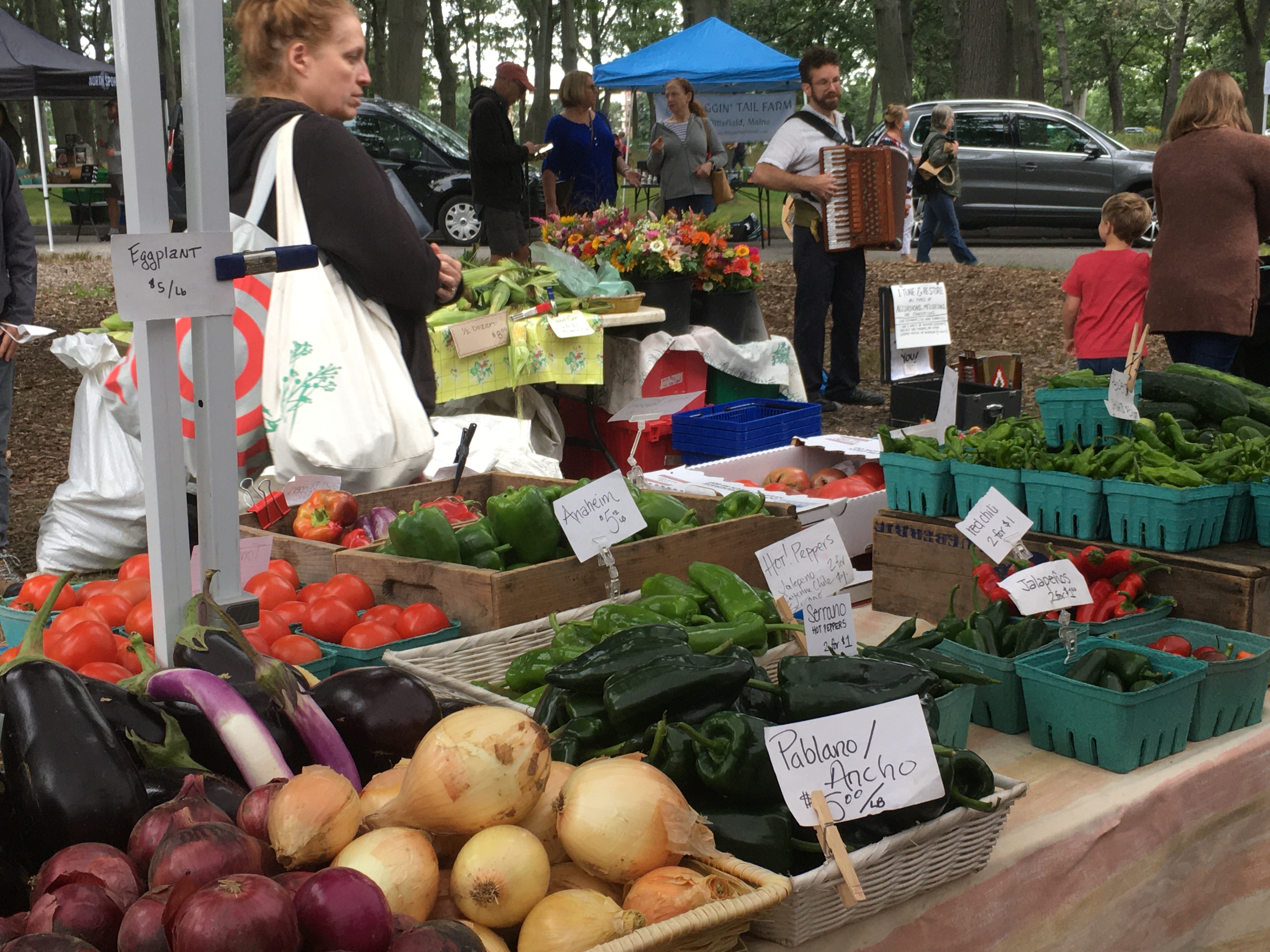 Farmers market stall with people walking by