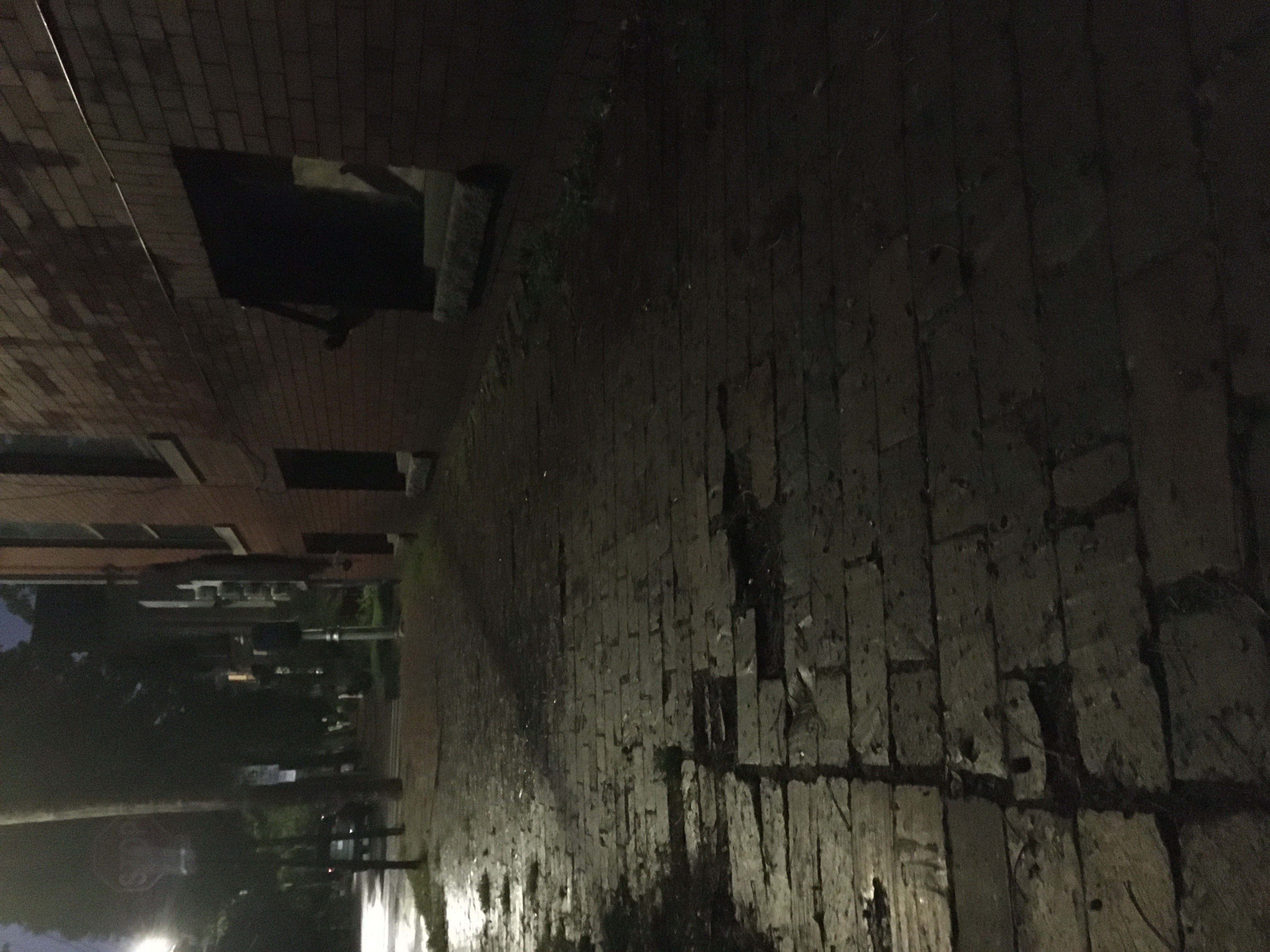 rain reflecting on a dark brick sidewalk with dark brick buildings 