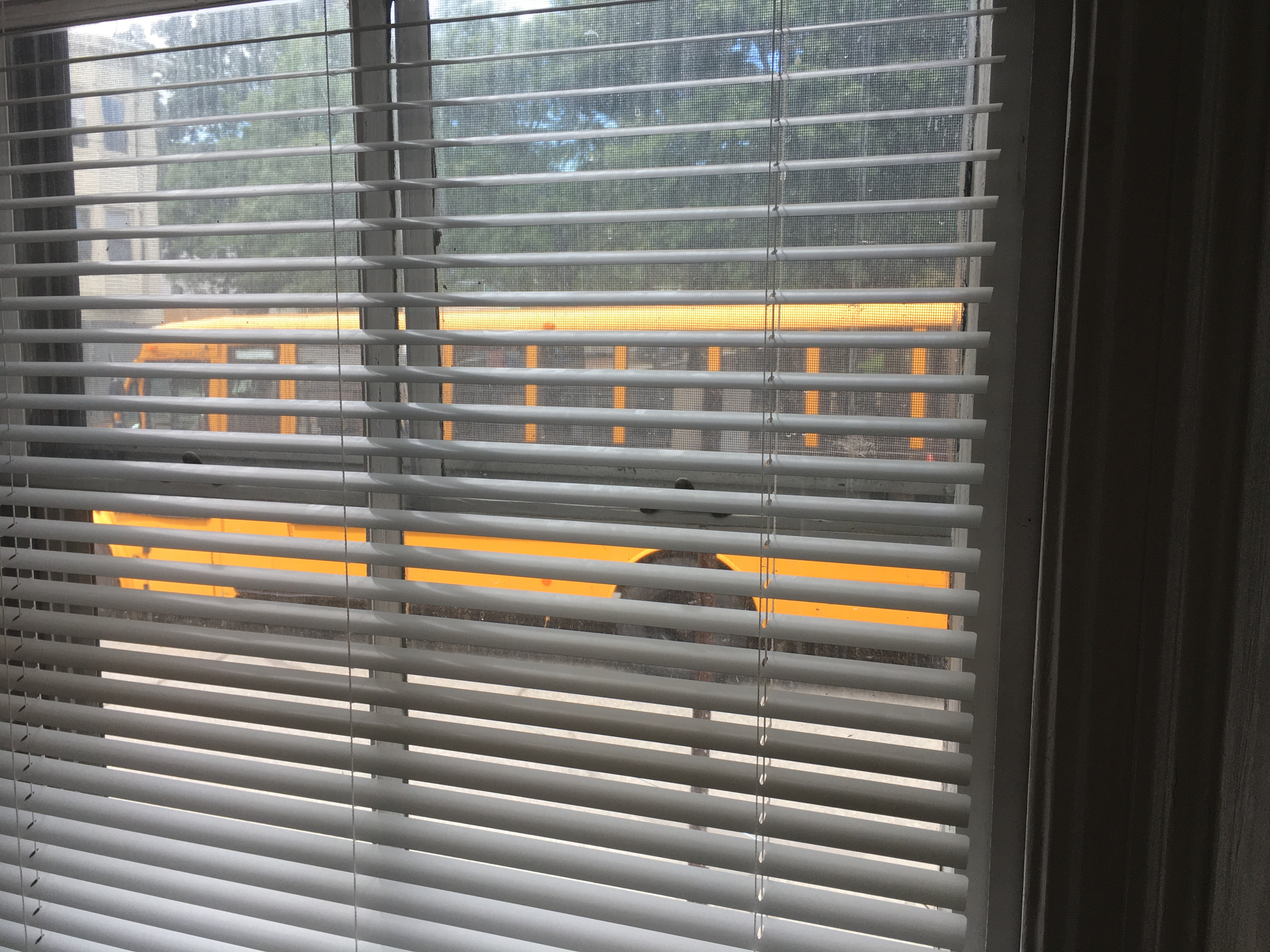 school bus viewed through venetian blinds