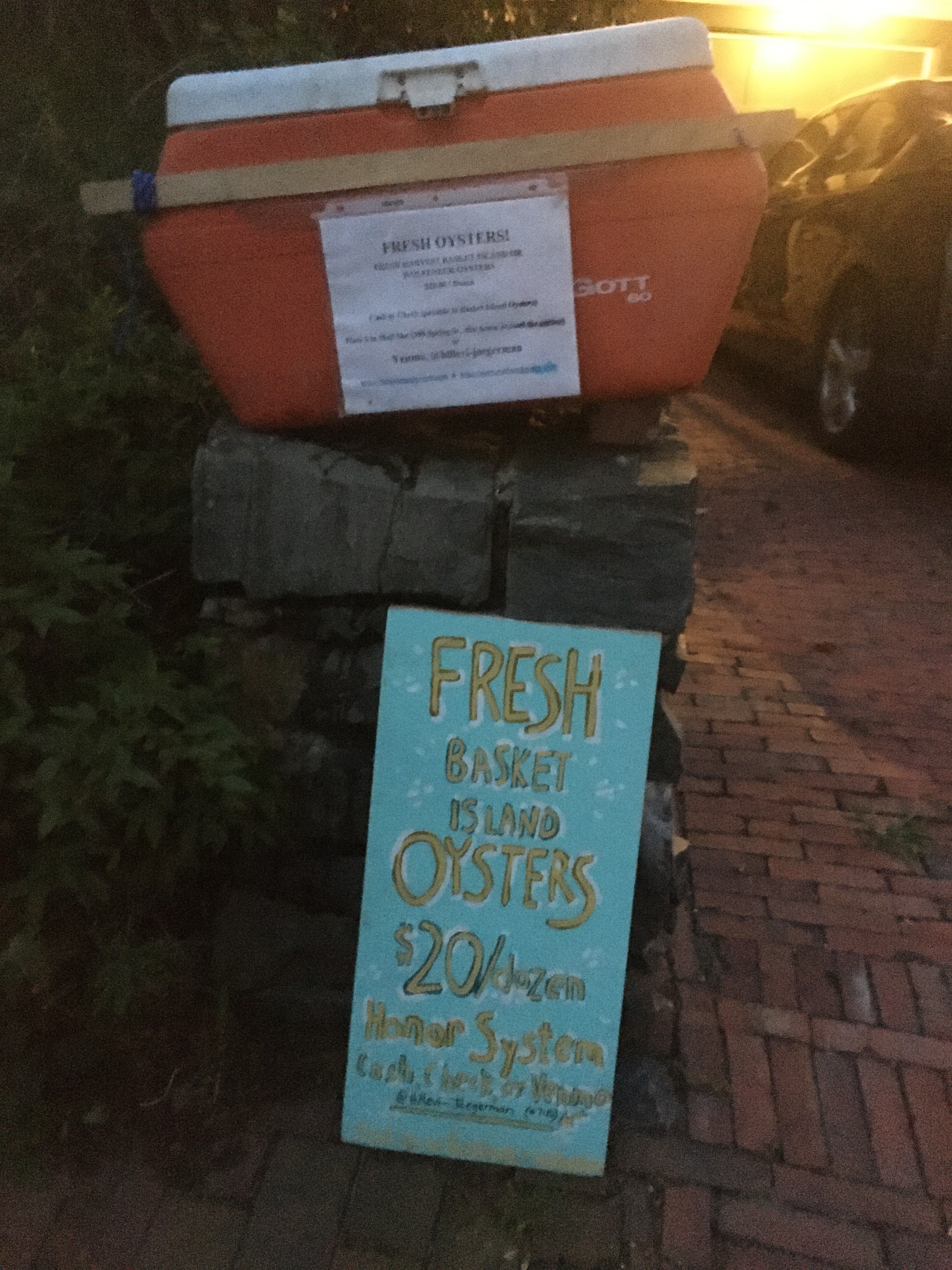 Orange cooler with oysters and a turquoise sign saying fresh oysters 20$ a dozen on the honor system