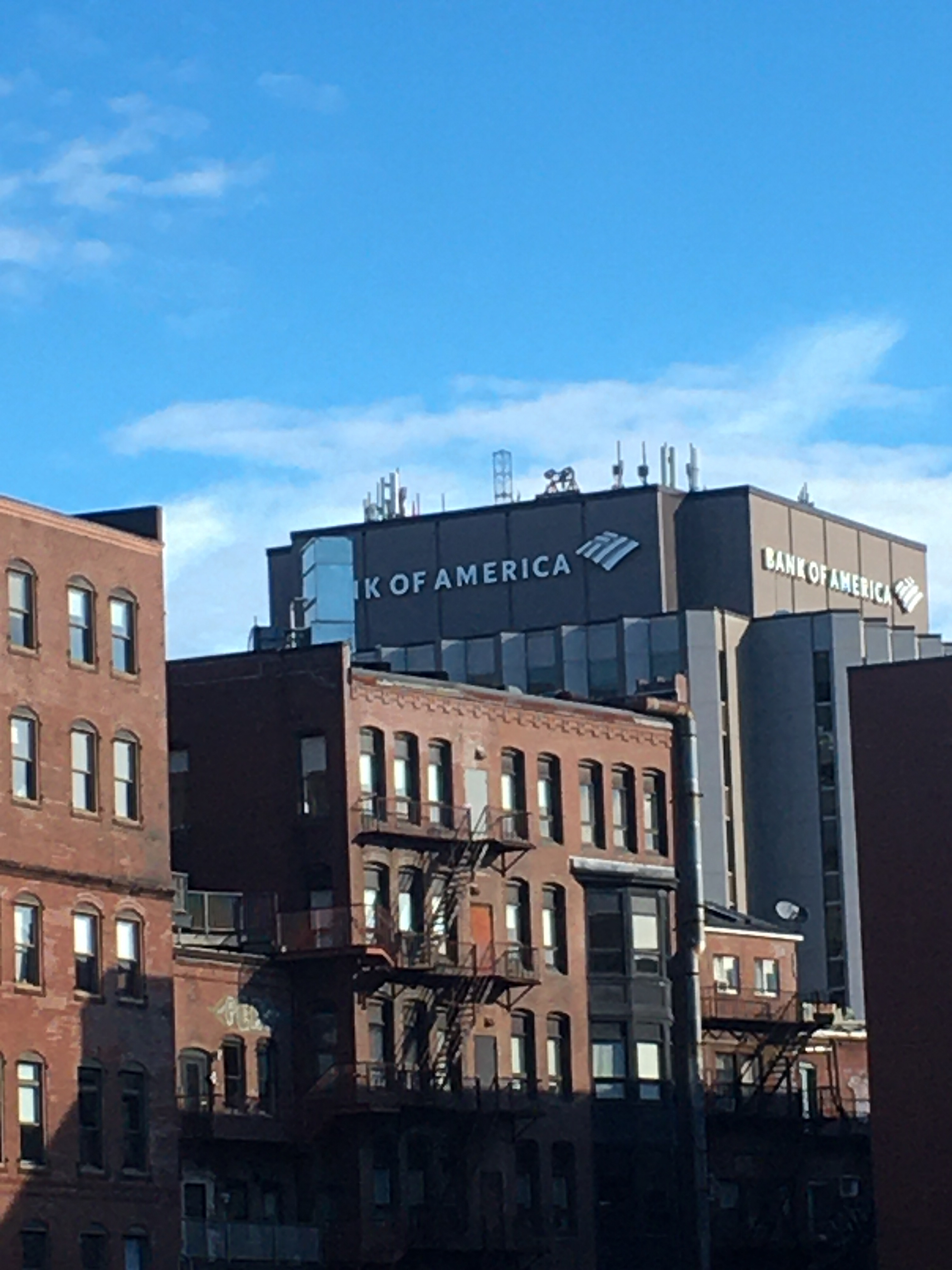 back of brick tenement style buildings with Bank of America off in the distance