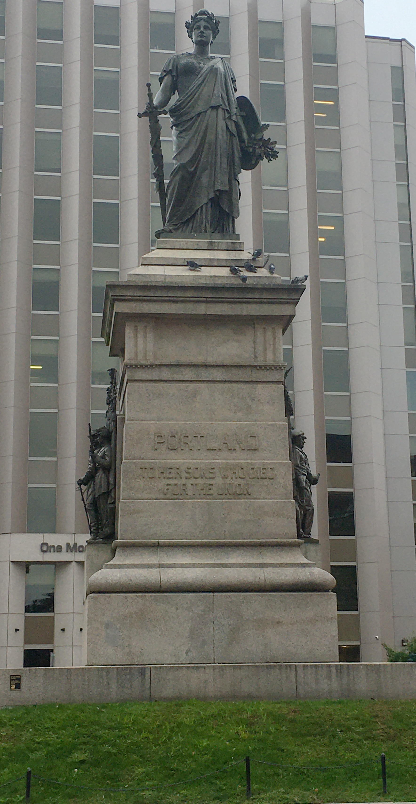 Bronze Statue of Goddess at Monument Square it says "Portland to her sons who died for the union