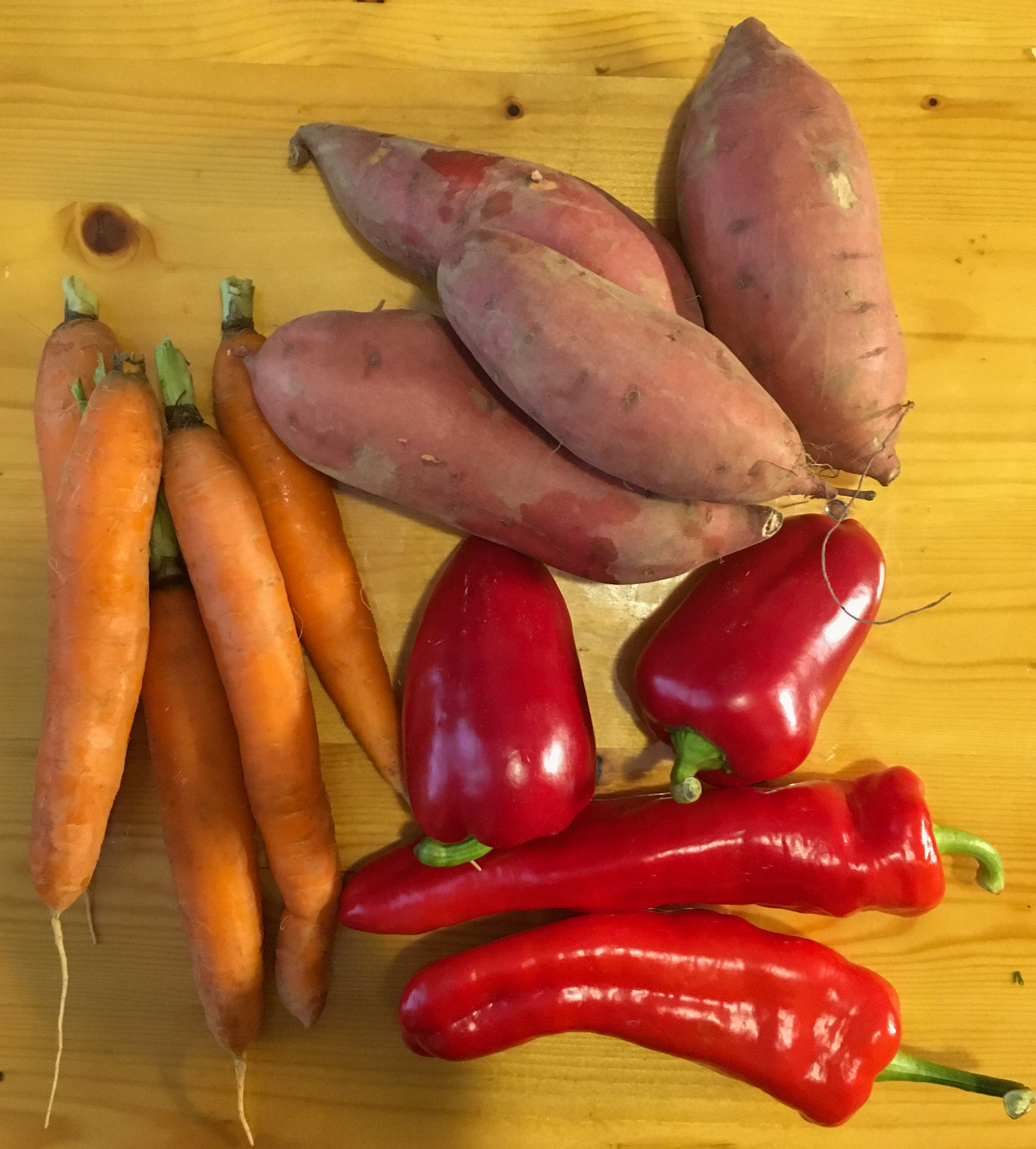 carrots, red peppers and sweet potatoes