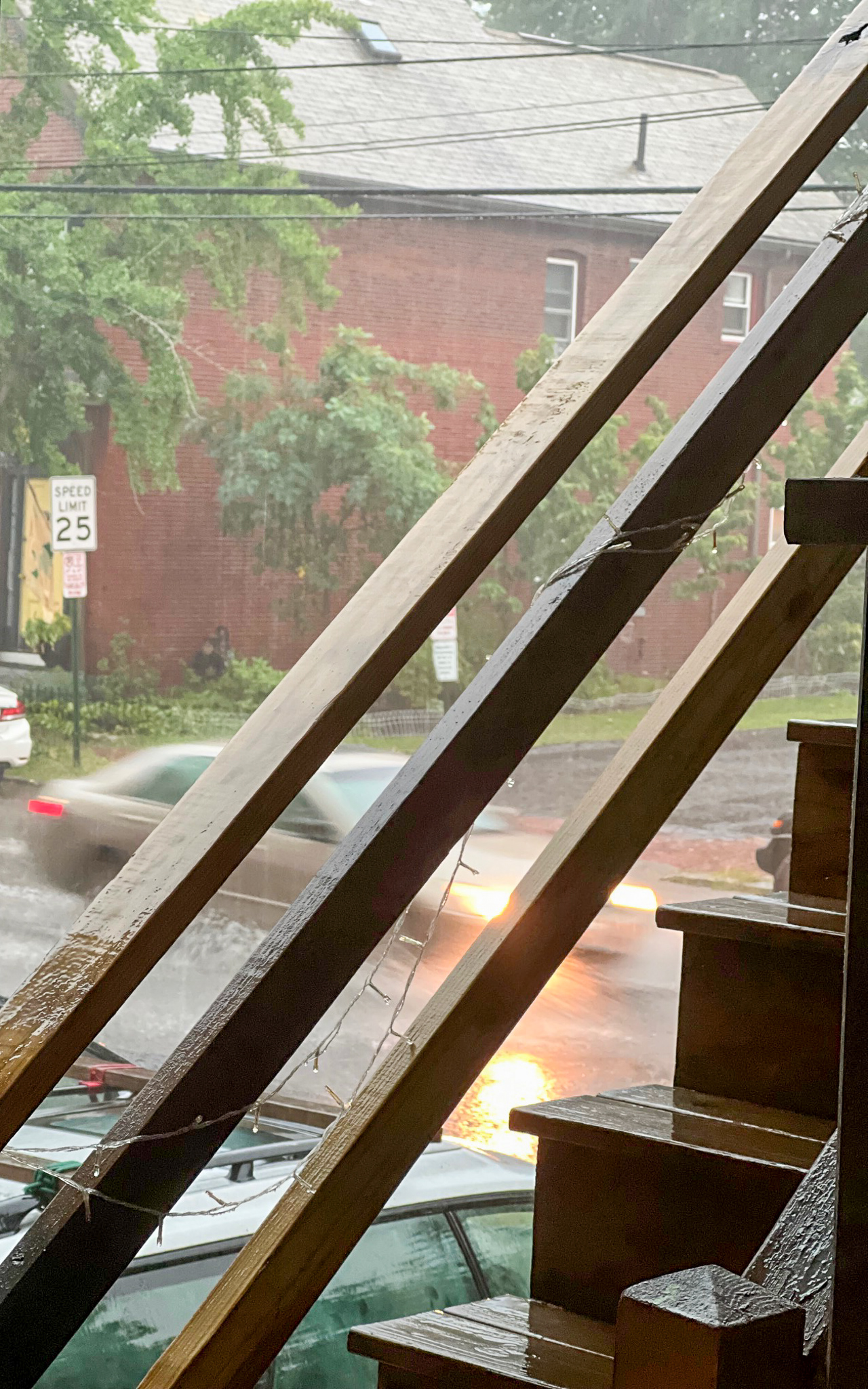 rain looking over a set of wooden stairs