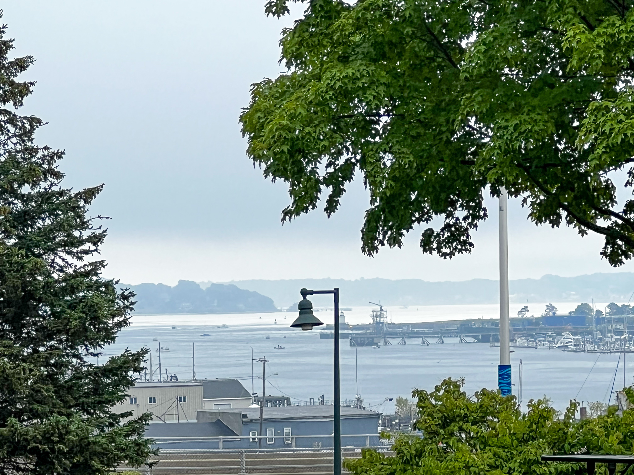 view of the islands with trees, roofs and vintage street lights in the view with fog