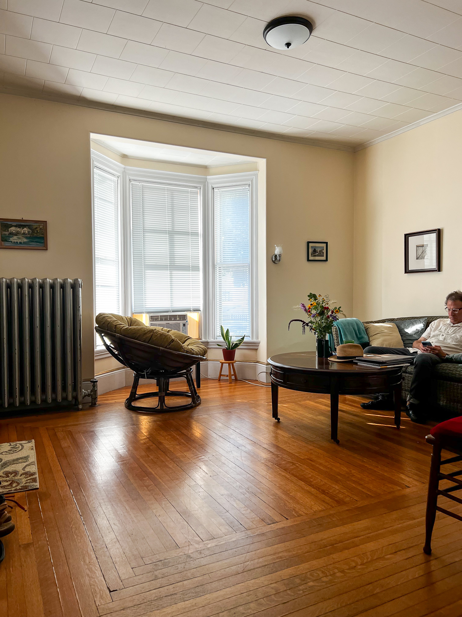 view of room with window couch chair and old radiator heating