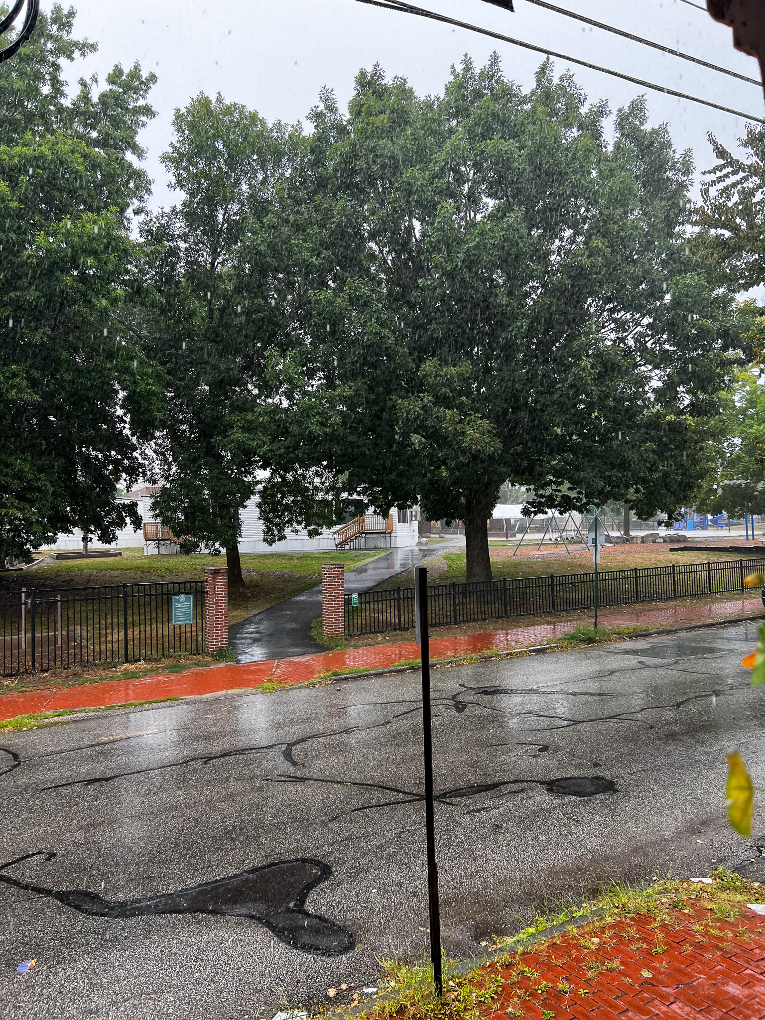 rainy view of a school playground
