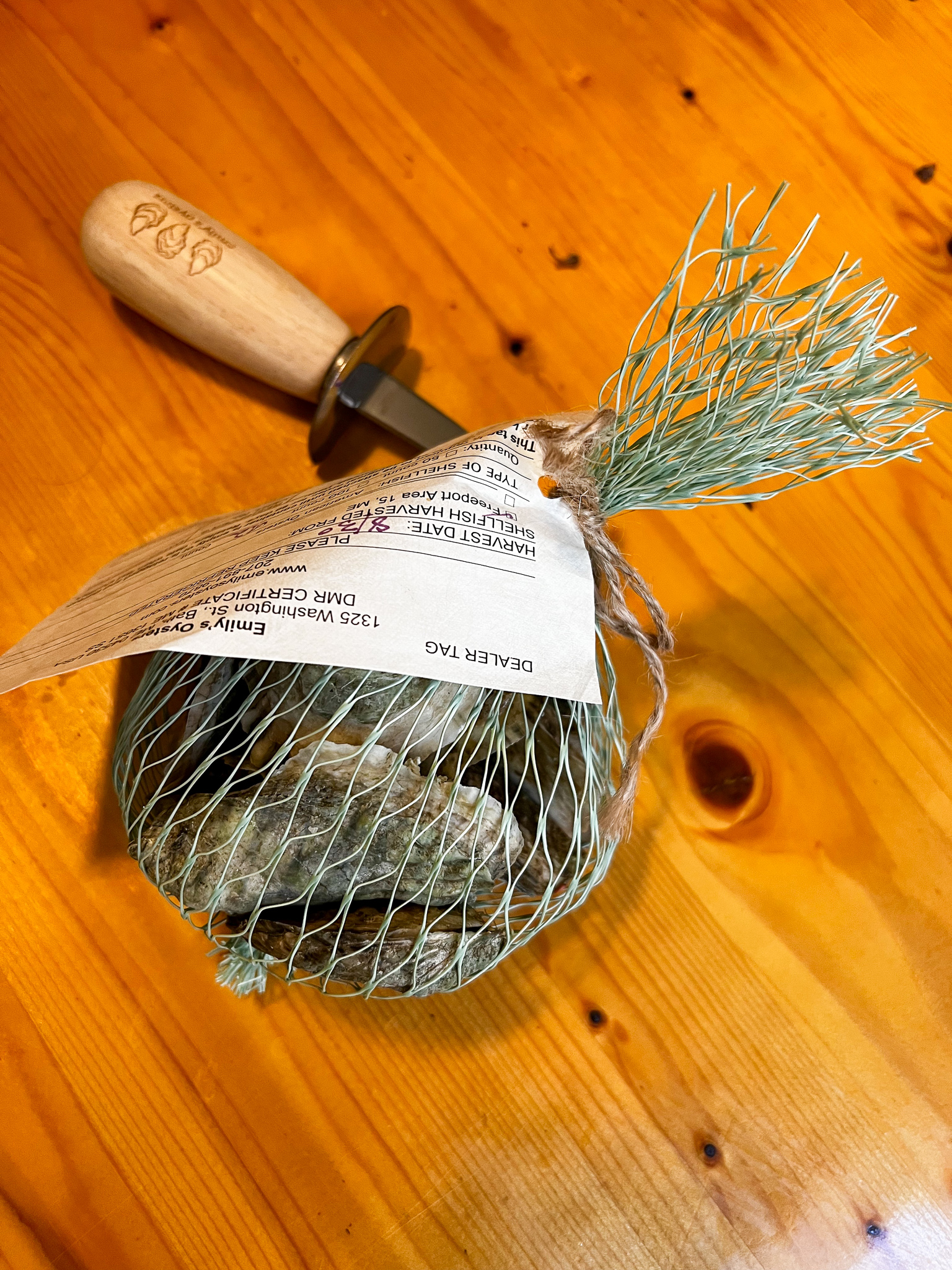 bag of oysters and an oyster knife on a wood table