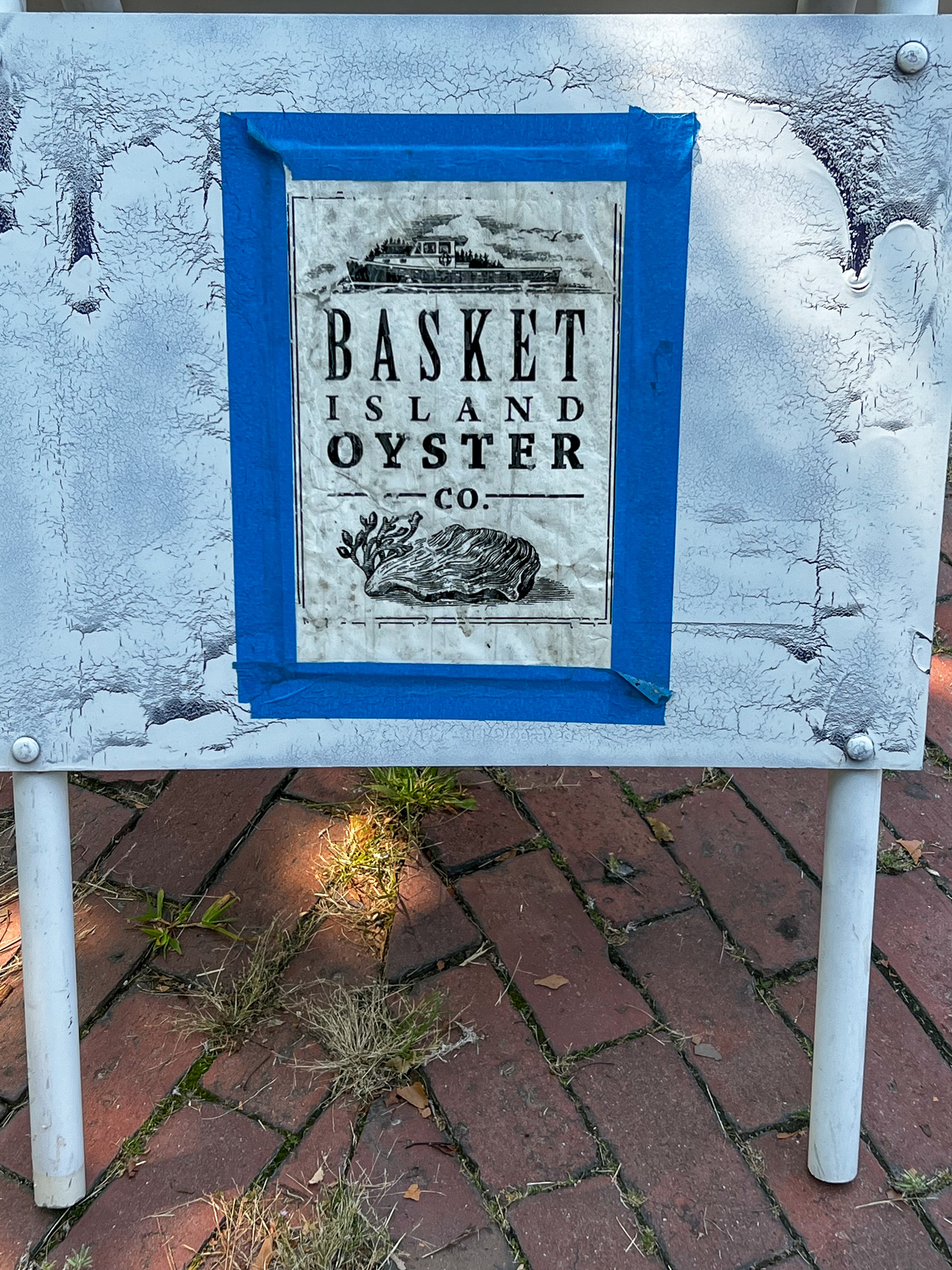 Sign that says Basket Island Oysters