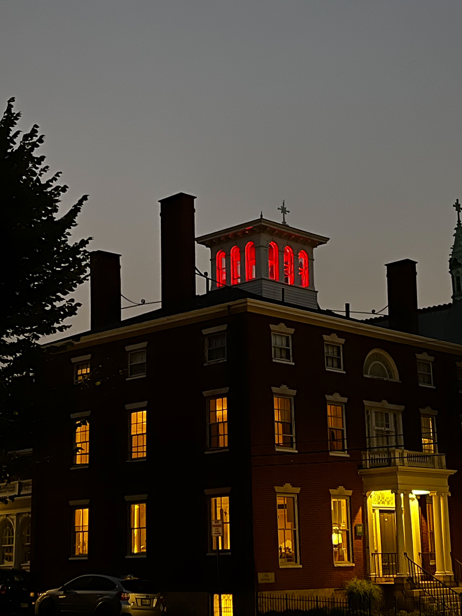 Blind Tiger Inn all lit up in red