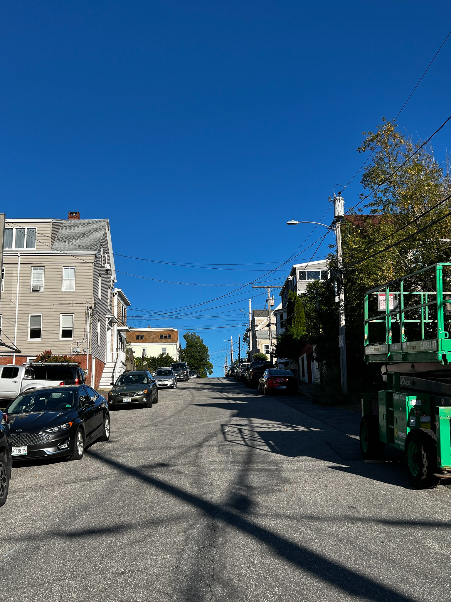 looking uphill at the blue crisp sky from the community garden