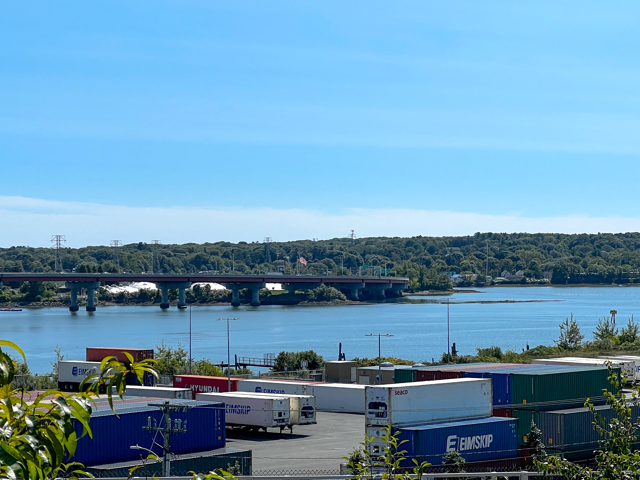 Harbor view park looking at the containers and the river very blue