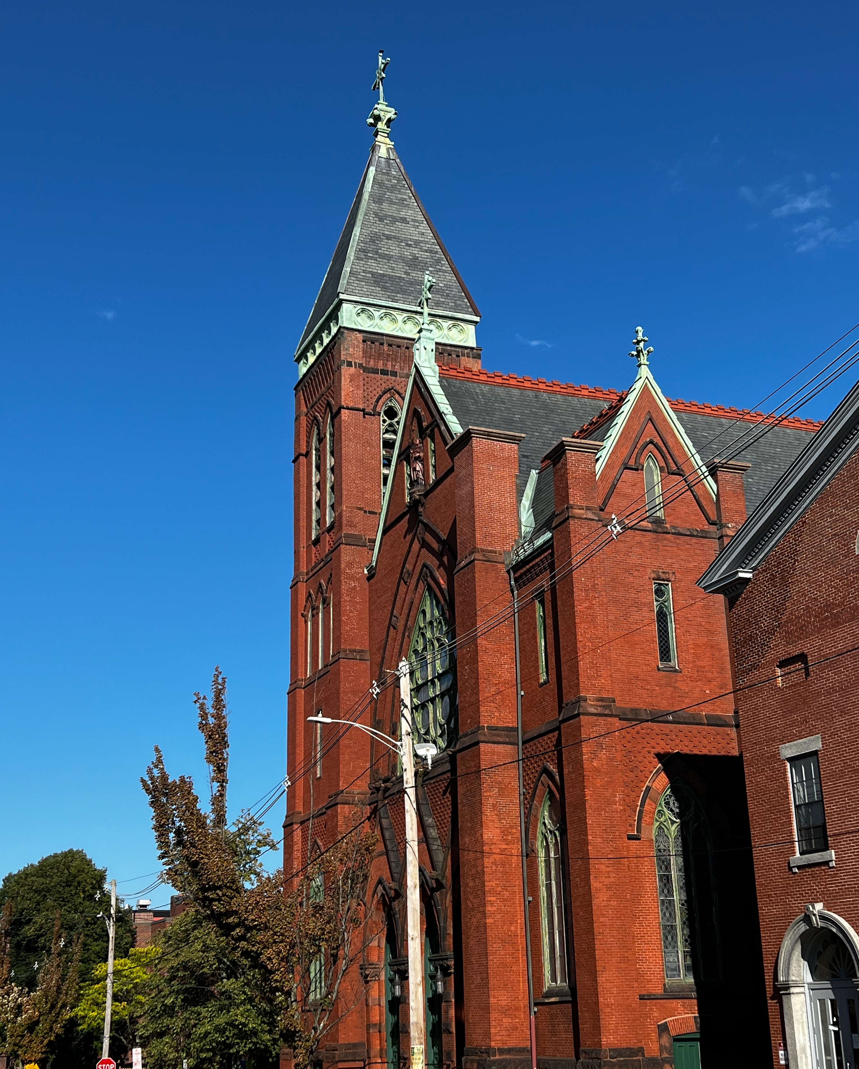 Brick church against a blue sky
