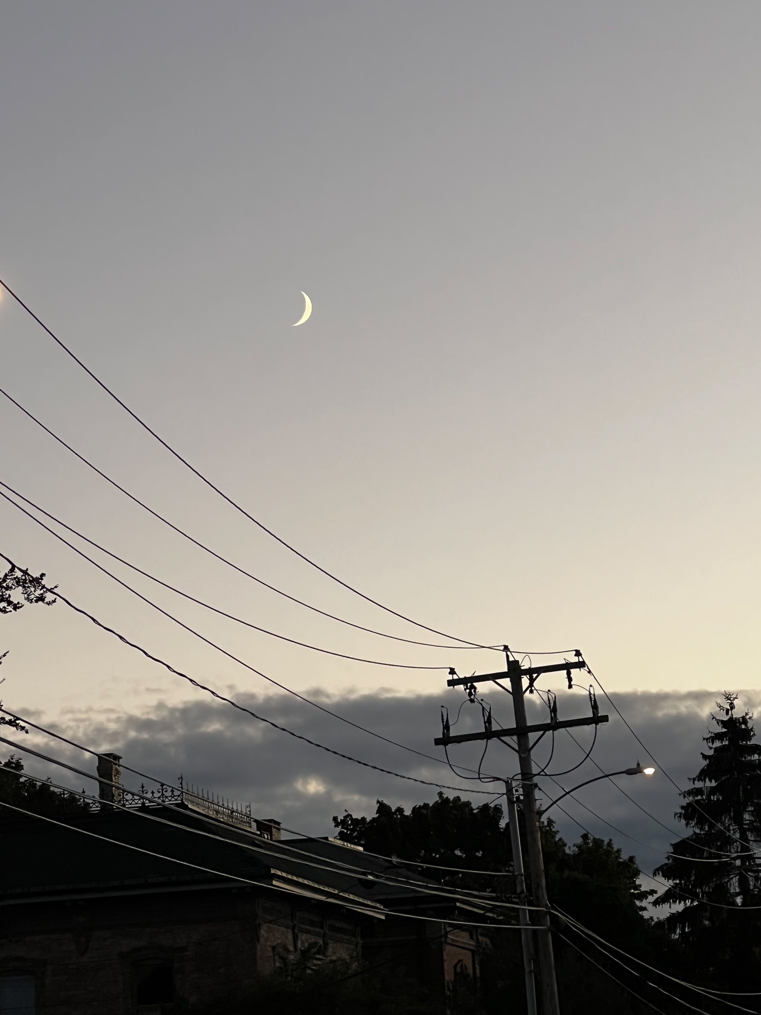 dove gray sky with crescent moon and telephone wires running into dark gray clouds at the horizon