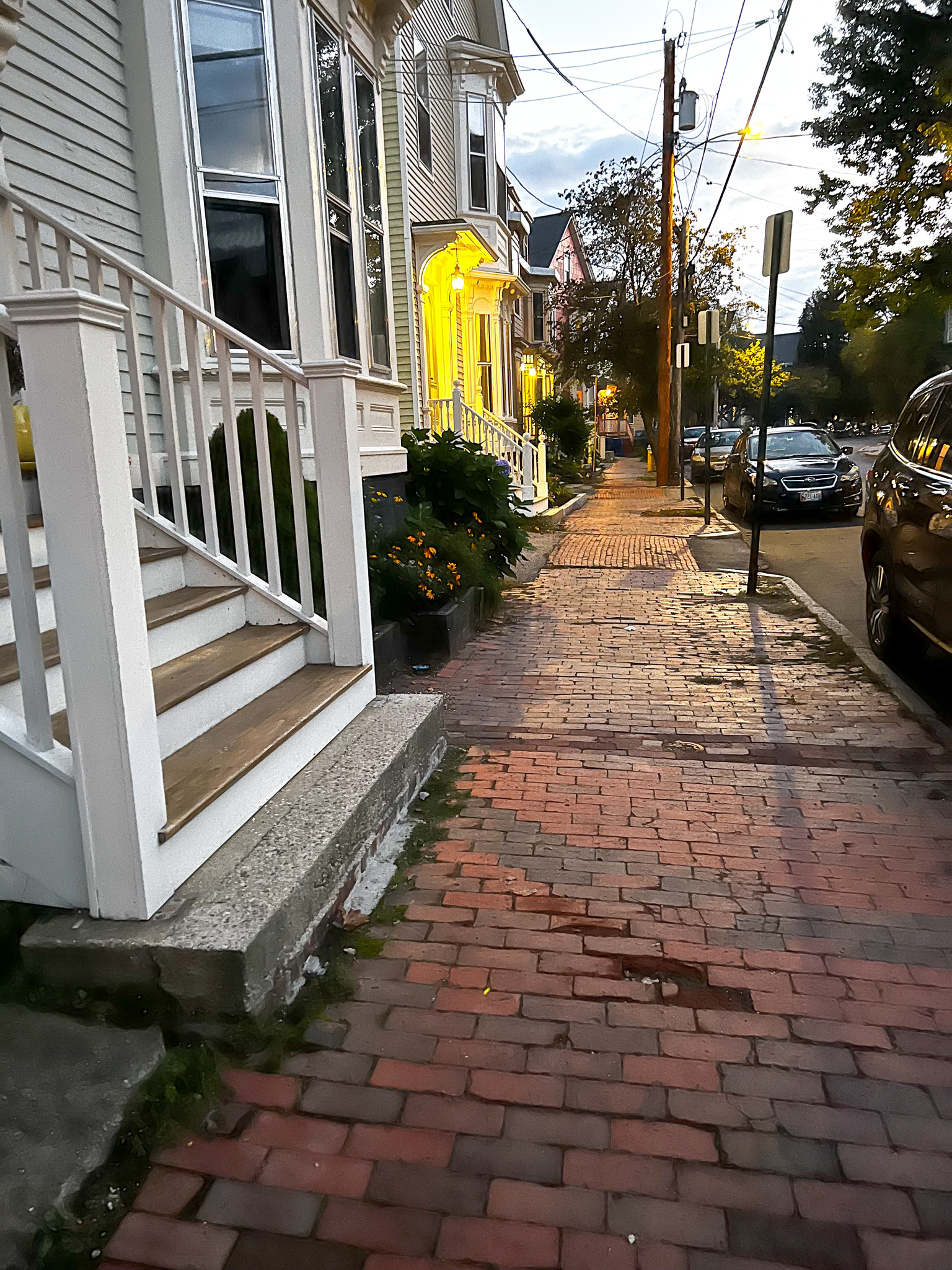 brick sidewalk with houses