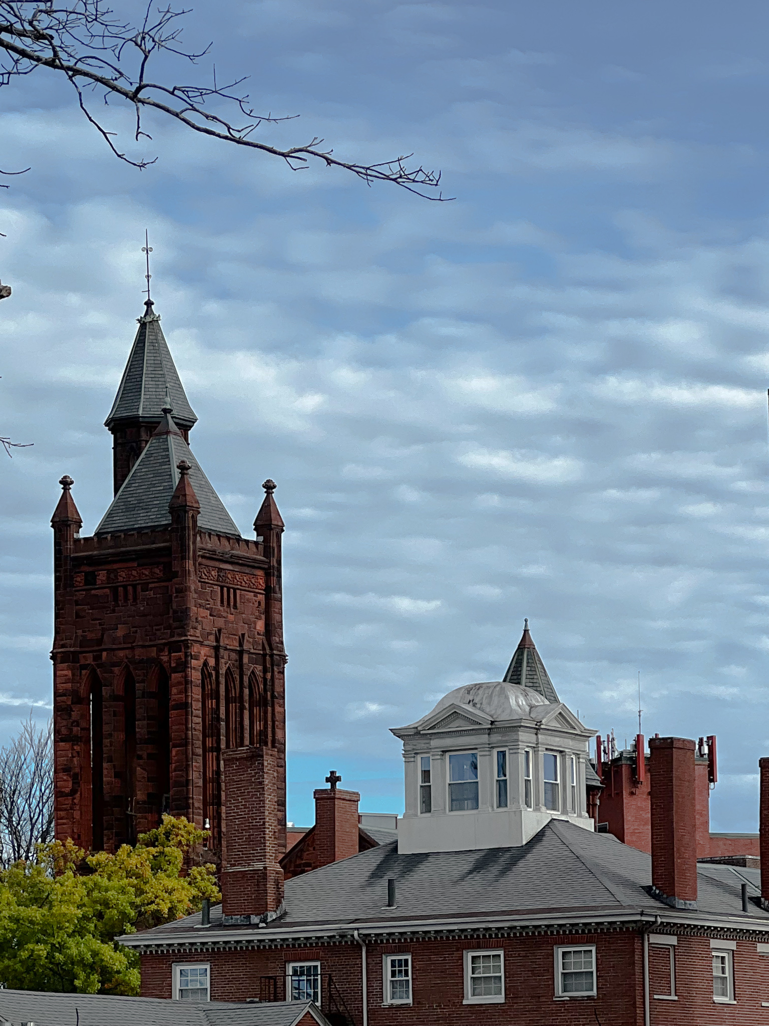 brick church spires from a distance