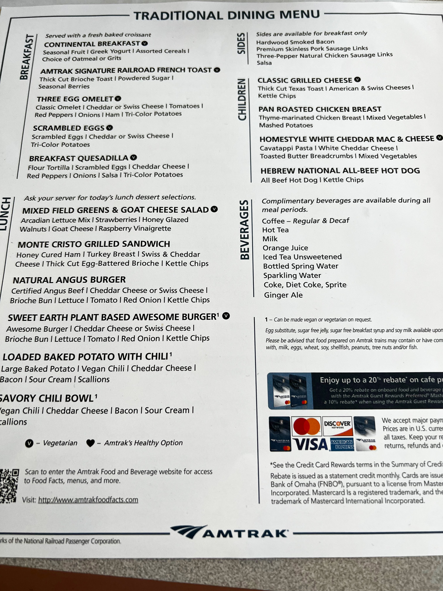 Menu of breakfast lunch and dinner on Amtrak Zephyr 6